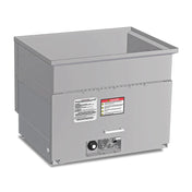 A rectangular stainless steel commercial gas hot food well with control knob, warning labels, and exposed components on the front panel—ideal for use alongside an outdoor fryer or propane tank fryer. The deep interior holds food pans and rests securely on flat surfaces.