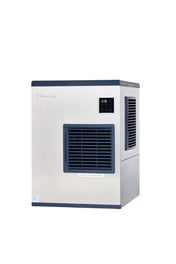 A silver and blue air-cooled ice machine with a front vent, digital display, and side air panels stands alone against a plain white background. The brand Rhino is visible on the top left corner. It produces crescent style cubes.