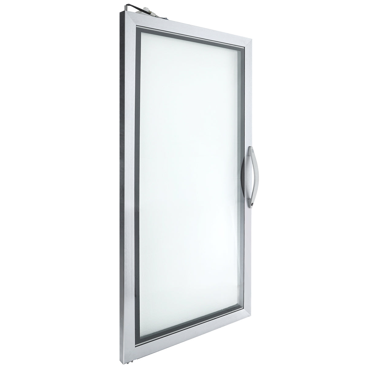 A single glass window with a sleek silver metal frame, similar to those found on Empura Refrigeration units, and a large curved handle on the right. The frosted glass obscures visibility, and the window is shown at an angle against a white background.