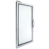 A single glass window with a sleek silver metal frame, similar to those found on Empura Refrigeration units, and a large curved handle on the right. The frosted glass obscures visibility, and the window is shown at an angle against a white background.