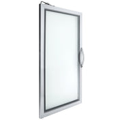 A single glass window with a sleek silver metal frame, similar to those found on Empura Refrigeration units, and a large curved handle on the right. The frosted glass obscures visibility, and the window is shown at an angle against a white background.