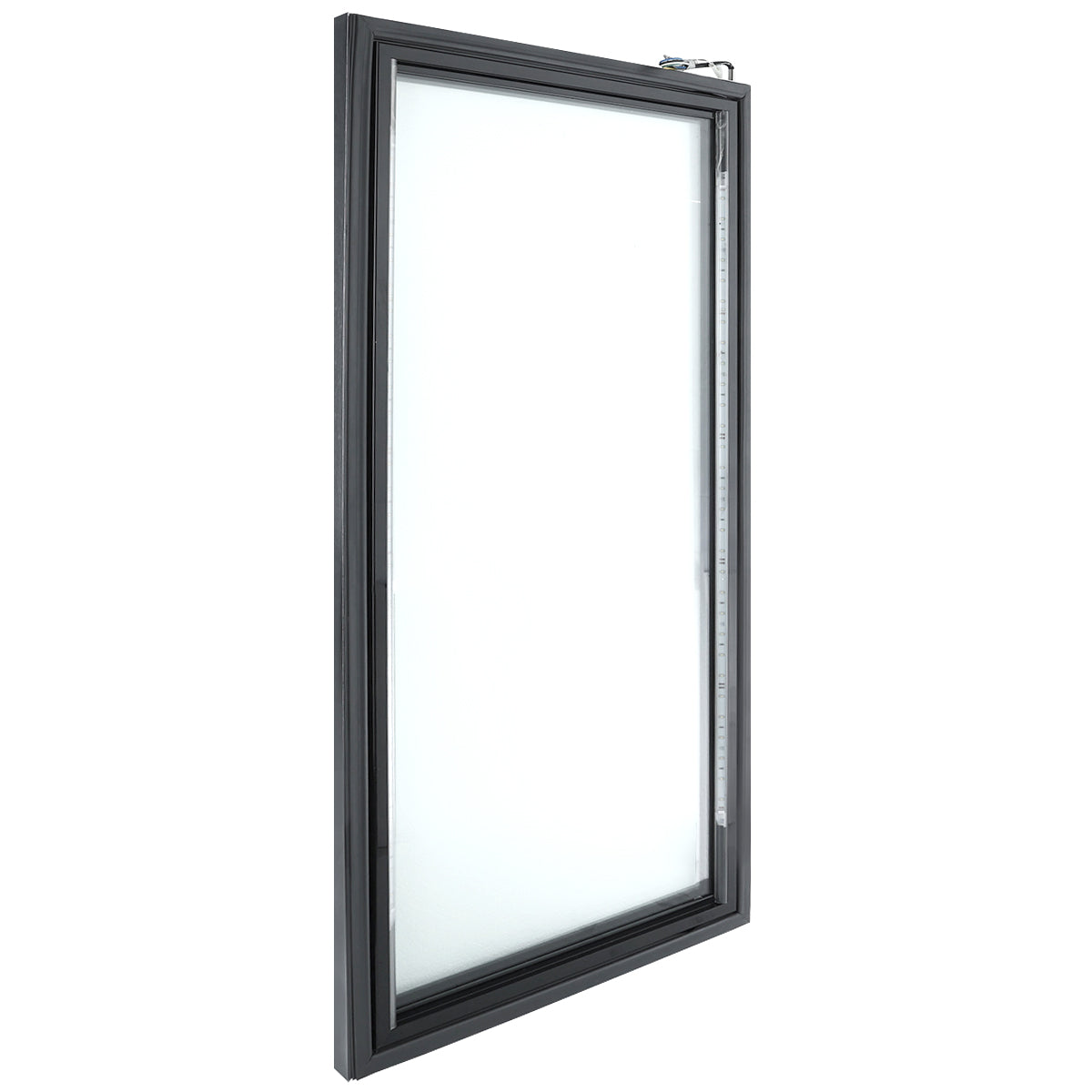 A tall, rectangular casement window with a black frame, shown slightly open. Similar to an Empura Refrigeration Door Left, it features a metal handle at the top right corner and a long hinge down the right side, allowing outward movement. The glass pane is clear.