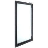 A tall, rectangular casement window with a black frame, shown slightly open. Similar to an Empura Refrigeration Door Left, it features a metal handle at the top right corner and a long hinge down the right side, allowing outward movement. The glass pane is clear.