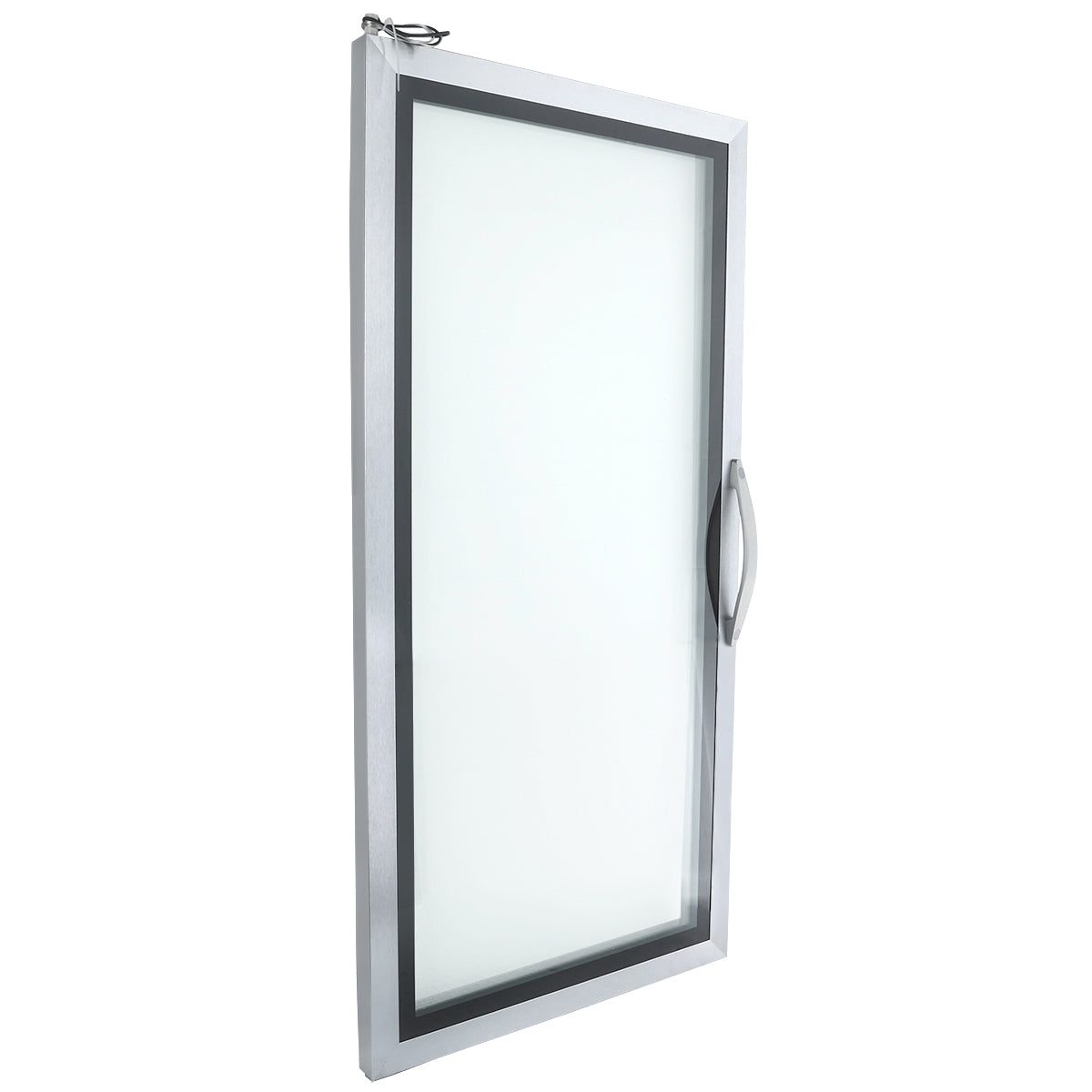 A rectangular glass Door Left with a silver metal frame, a black inner trim, and a large curved silver handle on the right side; photographed at an angle showing its thickness and slight reflection—ideal for Empura Refrigeration units.