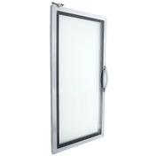 A rectangular glass Door Left with a silver metal frame, a black inner trim, and a large curved silver handle on the right side; photographed at an angle showing its thickness and slight reflection—ideal for Empura Refrigeration units.
