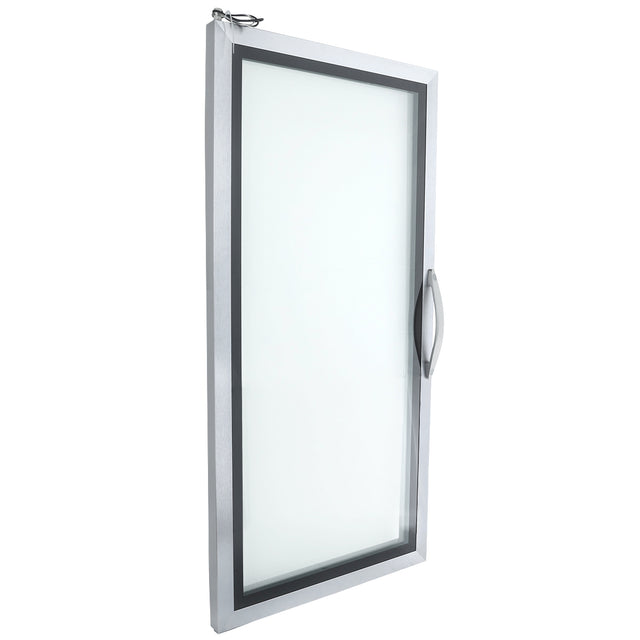 A rectangular glass Door Left with a silver metal frame, a black inner trim, and a large curved silver handle on the right side; photographed at an angle showing its thickness and slight reflection—ideal for Empura Refrigeration units.