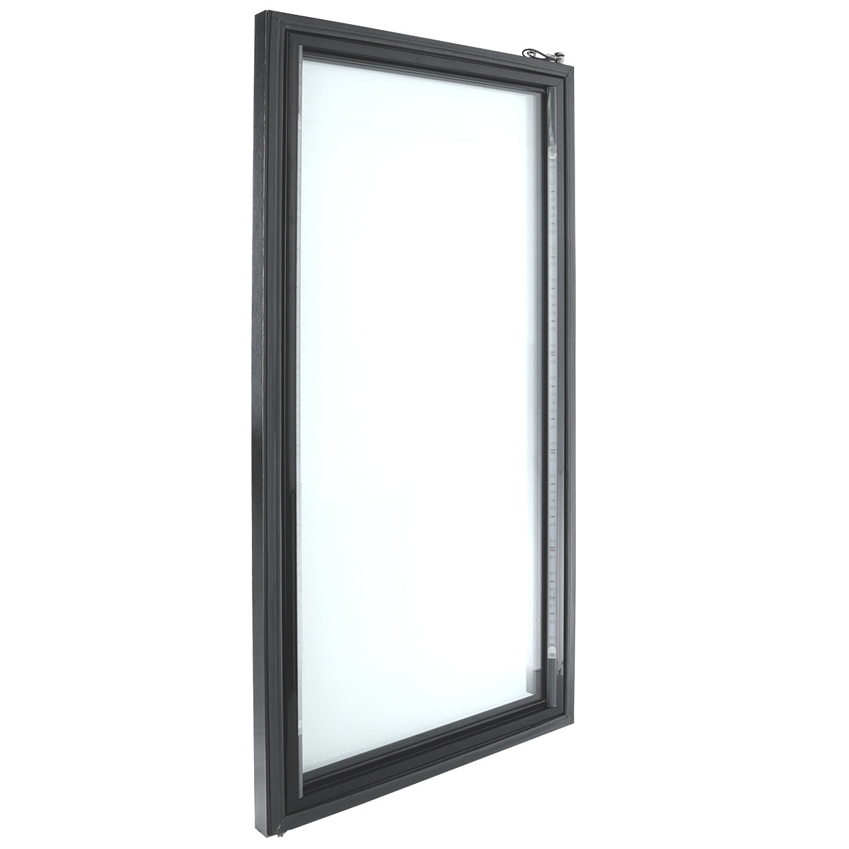 A single, upright window with a dark, rectangular frame shown at an angle. Like sturdy Empura Refrigeration doors, the glass pane is clear and modern. A lock or latch is visible at the top right corner. The background is plain white.