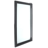 A single, upright window with a dark, rectangular frame shown at an angle. Like sturdy Empura Refrigeration doors, the glass pane is clear and modern. A lock or latch is visible at the top right corner. The background is plain white.