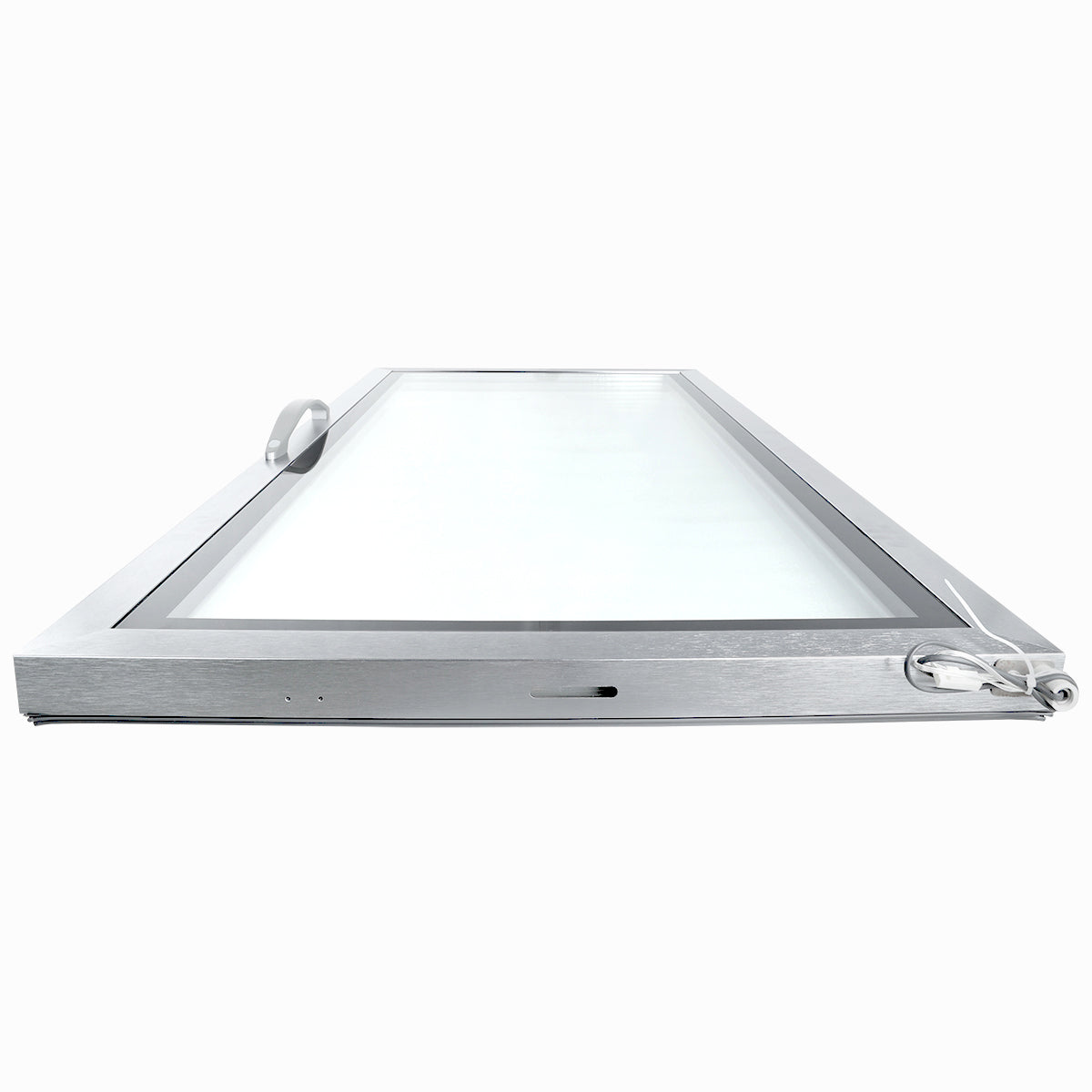 A close-up, low-angle view of an Empura Refrigeration glass door with a metallic frame, featuring a handle on the left and a lock on the right, set against a white background.
