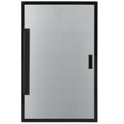 A rectangular stainless steel door with a black border, featuring a vertical black handle on the left side and a small rectangular lock or keyhole on the right. This Door Right from Empura Refrigeration offers a minimalist and modern design.