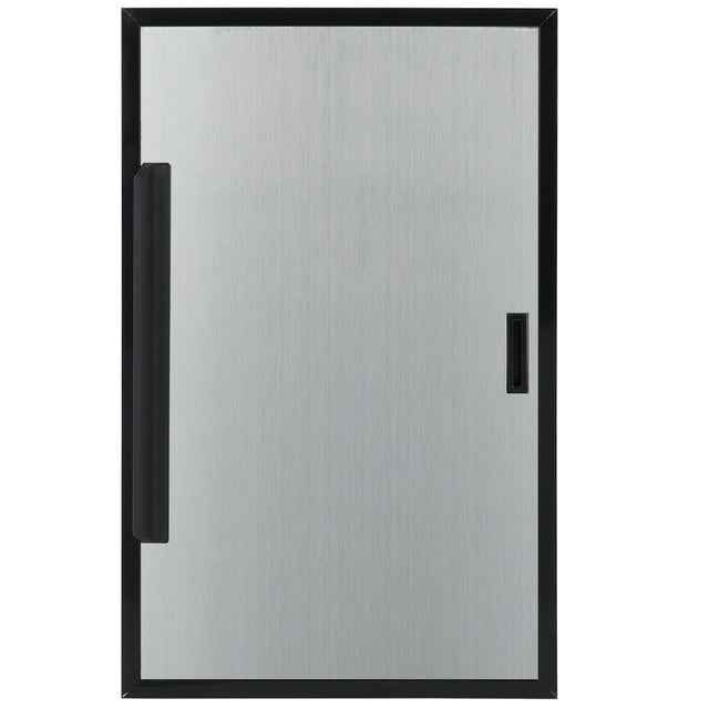A rectangular stainless steel door with a black border, featuring a vertical black handle on the left side and a small rectangular lock or keyhole on the right. This Door Right from Empura Refrigeration offers a minimalist and modern design.