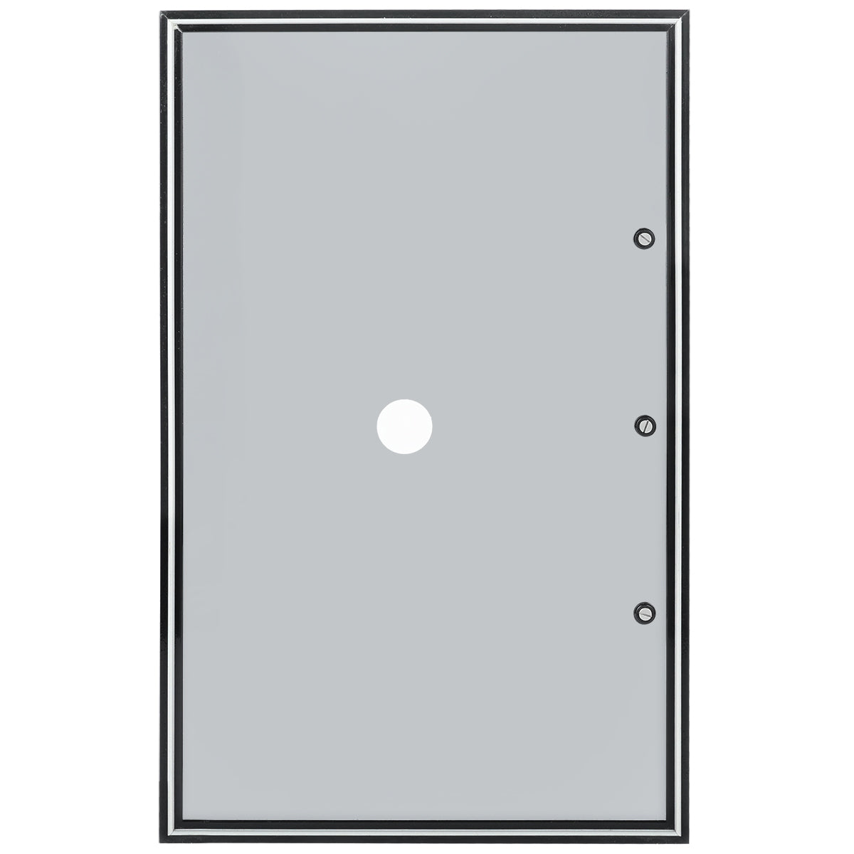 A rectangular clear glass Empura Refrigeration panel with a single round hole in the center and two smaller round holes vertically aligned on the right side; edges are bordered with a black frame, ideal as an Empura Parts Door Right replacement.