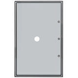 A rectangular clear glass Empura Refrigeration panel with a single round hole in the center and two smaller round holes vertically aligned on the right side; edges are bordered with a black frame, ideal as an Empura Parts Door Right replacement.