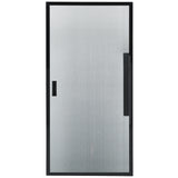 A frameless glass shower door with a brushed, frosted finish. The Door (Left) features a matte black vertical handle on the right and a smaller rectangular inset handle, both matching the black border framing the entire door.