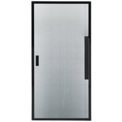 A frameless glass shower door with a brushed, frosted finish. The Door (Left) features a matte black vertical handle on the right and a smaller rectangular inset handle, both matching the black border framing the entire door.