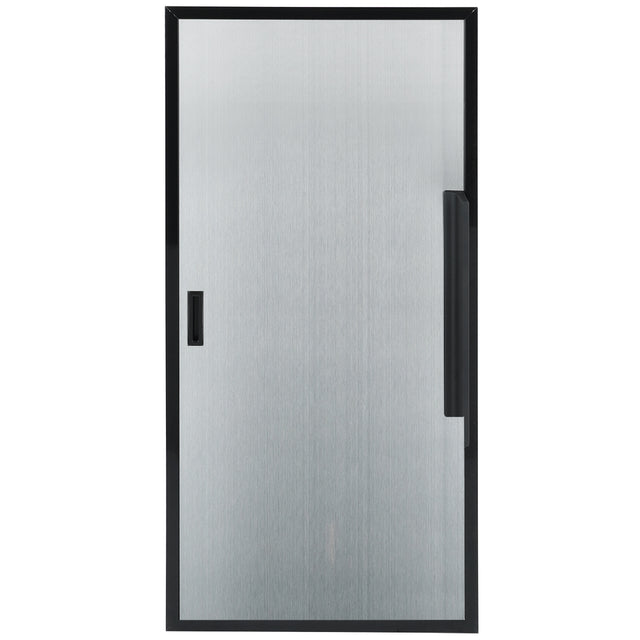 A frameless glass shower door with a brushed, frosted finish. The Door (Left) features a matte black vertical handle on the right and a smaller rectangular inset handle, both matching the black border framing the entire door.