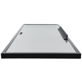 Rectangular dry erase whiteboard seen from a low angle, with a black frame and eraser tray on the right. A small rectangular slot on the left side resembles a door (left), possibly for mounting markers or Empura Parts.