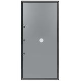 A plain, rectangular gray metal door—compatible with Empura Refrigeration—features a thin black border, three round holes vertically aligned on the left, and a central peephole. No handles, hinges, or decorations are visible.