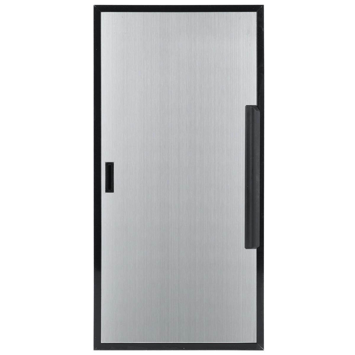A rectangular, metallic door with a brushed silver finish, outlined by a black frame. This Empura Refrigeration Door (Left) features a vertical black handle on the right and a small rectangular indentation on the left for locking or latching.