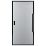A rectangular, metallic door with a brushed silver finish, outlined by a black frame. This Empura Refrigeration Door (Left) features a vertical black handle on the right and a small rectangular indentation on the left for locking or latching.