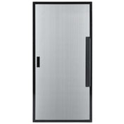 A rectangular, metallic door with a brushed silver finish, outlined by a black frame. This Empura Refrigeration Door (Left) features a vertical black handle on the right and a small rectangular indentation on the left for locking or latching.