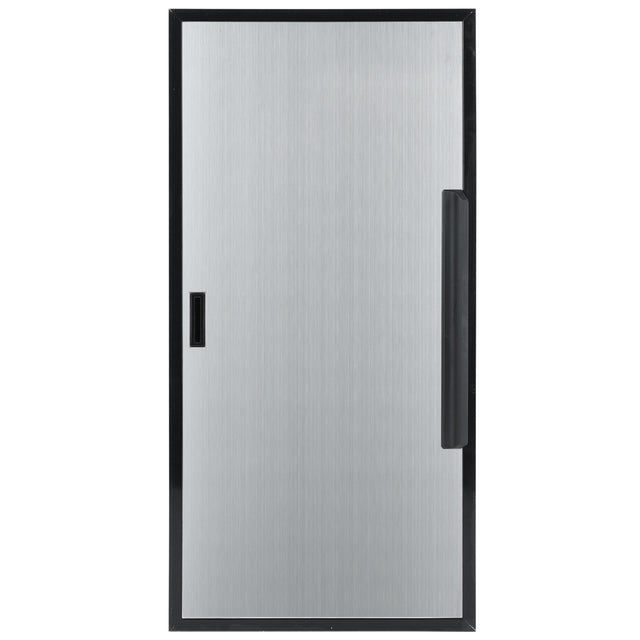 A rectangular, metallic door with a brushed silver finish, outlined by a black frame. This Empura Refrigeration Door (Left) features a vertical black handle on the right and a small rectangular indentation on the left for locking or latching.