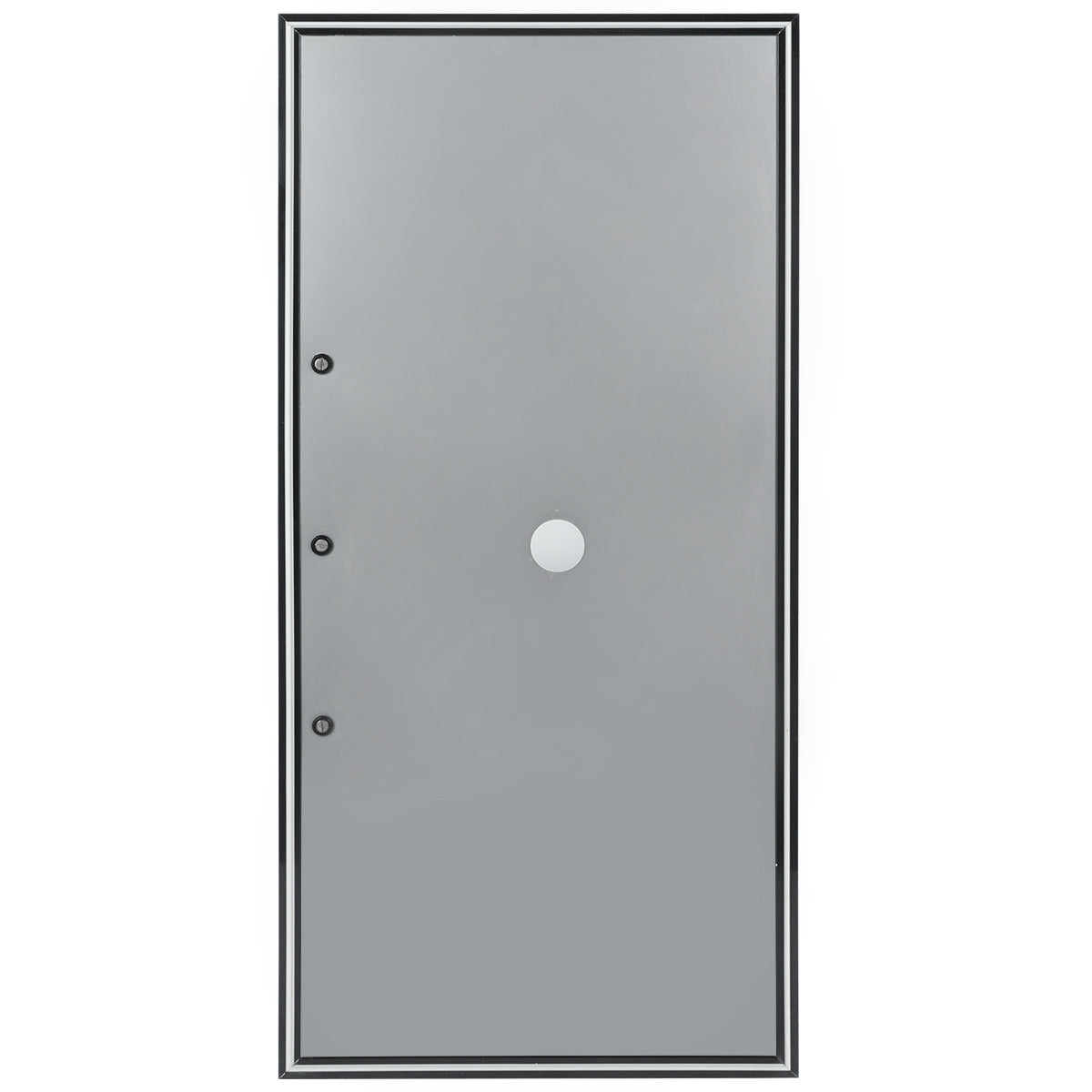 A plain, rectangular, gray metal Empura Refrigeration Door (Left) with a black frame, featuring three visible hinges on the left side and a centered round peephole. The door’s surface is smooth and unadorned.