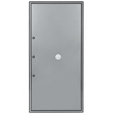 A plain, rectangular, gray metal Empura Refrigeration Door (Left) with a black frame, featuring three visible hinges on the left side and a centered round peephole. The door’s surface is smooth and unadorned.