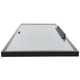 A rectangular whiteboard with a black frame is shown from a low, front-facing angle. A tray for markers sits on the right side, while a small slot near the left edge—like a Door (Left) from Empura Parts—offers mounting or accessory storage. The surface is glossy and reflective.