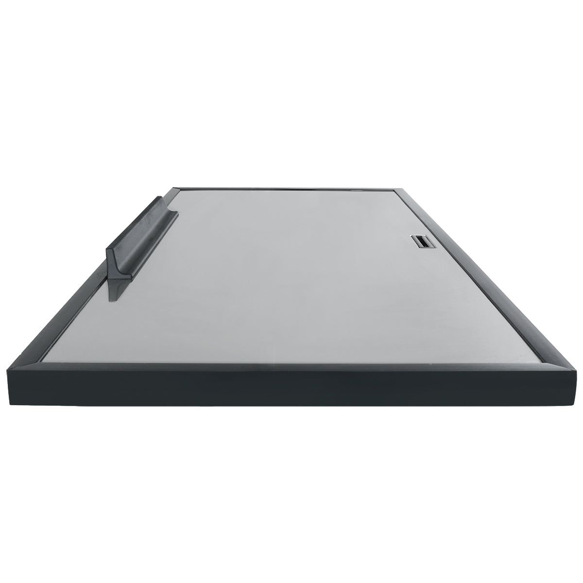 A sleek, rectangular, black-rimmed dry erase board viewed from a low angle. Its modern, minimalistic design is reminiscent of Empura Refrigeration, with a smooth white surface, black tray along one edge, and a marker clip on the upper right side.