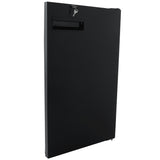 A black, rectangular metal drop box stands upright with a narrow slot for inserting items near the top and a lock with two keys inserted. The smooth, matte surface and simple design with clean lines resemble the sleek look of Empura Refrigeration units.