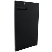 A black, rectangular metal drop box stands upright with a narrow slot for inserting items near the top and a lock with two keys inserted. The smooth, matte surface and simple design with clean lines resemble the sleek look of Empura Refrigeration units.
