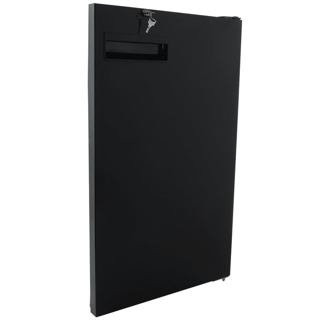 A black, rectangular metal drop box stands upright with a narrow slot for inserting items near the top and a lock with two keys inserted. The smooth, matte surface and simple design with clean lines resemble the sleek look of Empura Refrigeration units.