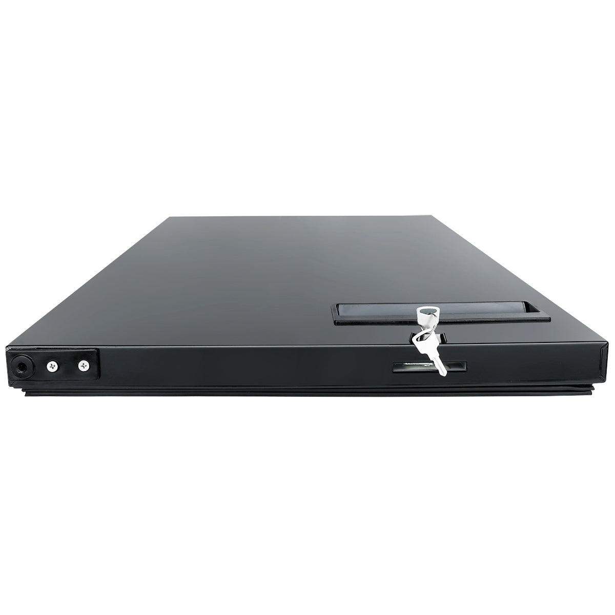 A flat, rectangular black metal security box with a lock is shown from the front. A set of two silver keys is inserted into the lock on the right door. The box has a smooth surface and a handle near the keyhole, suitable for Empura Parts.