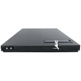 A flat, rectangular black metal security box with a lock is shown from the front. A set of two silver keys is inserted into the lock on the right door. The box has a smooth surface and a handle near the keyhole, suitable for Empura Parts.