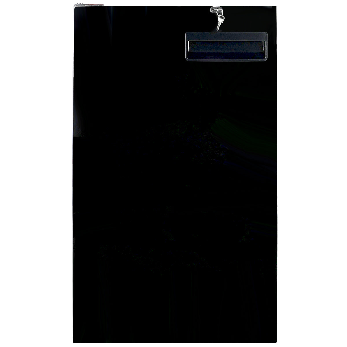A black metal drop box with a rectangular slot near the top, covered by a flap. Above the slot, there is a small keyhole with a key inserted. The plain, rectangular box is ideal for collecting payments or secure deposits for Empura Parts and equipment.