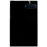 A black metal drop box with a rectangular slot near the top, covered by a flap. Above the slot, there is a small keyhole with a key inserted. The plain, rectangular box is ideal for collecting payments or secure deposits for Empura Parts and equipment.