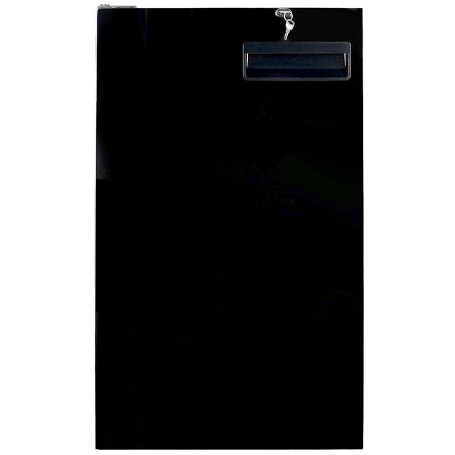 A black metal drop box with a rectangular slot near the top, covered by a flap. Above the slot, there is a small keyhole with a key inserted. The plain, rectangular box is ideal for collecting payments or secure deposits for Empura Parts and equipment.