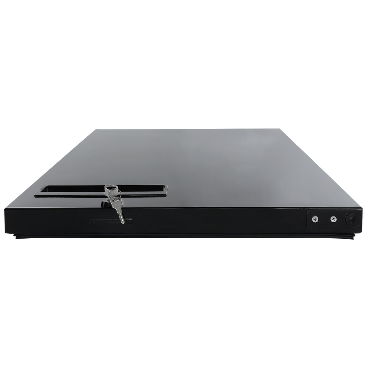 A black, rectangular cash register drawer viewed from the front with a smooth, reflective surface. The minimalist design resembles Empura Refrigeration units, featuring a slot with a key inserted and two small round buttons or indicator lights on the right.