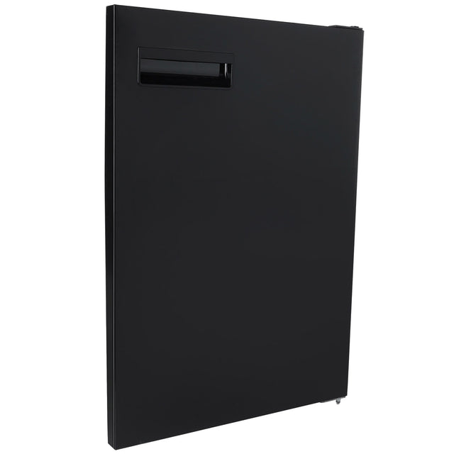 A black rectangular metal door panel, compatible with Empura Refrigeration units, featuring a small horizontal handle slot near the top left corner. The smooth, plain surface has minimal details and is photographed against a white background.