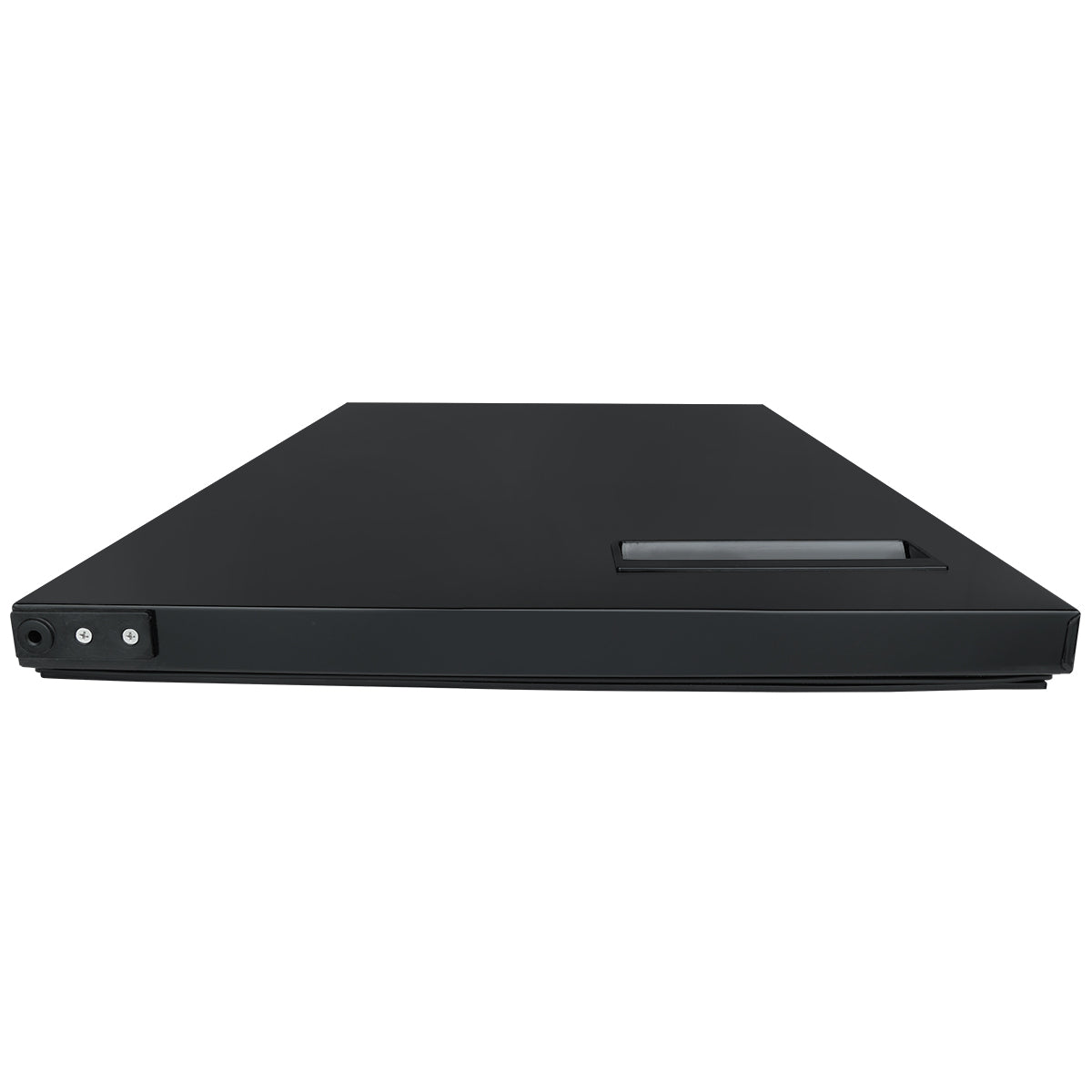 A slim, black electronic device, possibly a DVD or Blu-ray player, is shown from a front angle. Its minimalist design and smooth surface are reminiscent of Empura Refrigeration units, with a power button and disc tray positioned on the door right side.