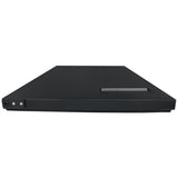 A slim, black electronic device, possibly a DVD or Blu-ray player, is shown from a front angle. Its minimalist design and smooth surface are reminiscent of Empura Refrigeration units, with a power button and disc tray positioned on the door right side.