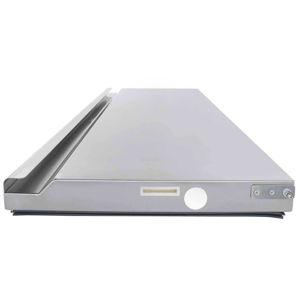 A flat, rectangular stainless steel appliance with a raised back edge, control knobs, and a display area—similar to equipment found in Empura Refrigeration setups—likely a commercial kitchen griddle or grill shown from the front at a low angle.
