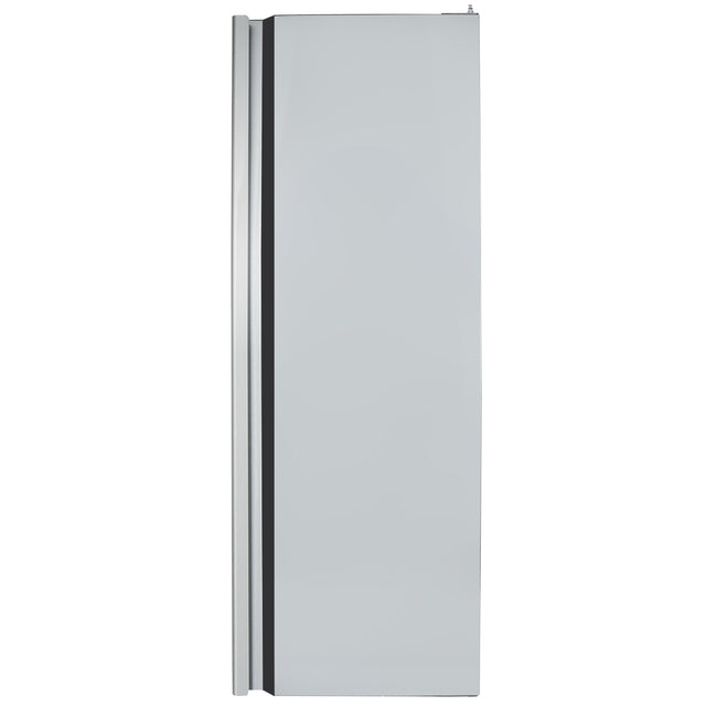 A side view of a silver, upright Empura Refrigeration unit with a vertical handle on the left edge. The smooth, plain surface and Door Right configuration stand out against the white background, emphasizing its simple, modern design.