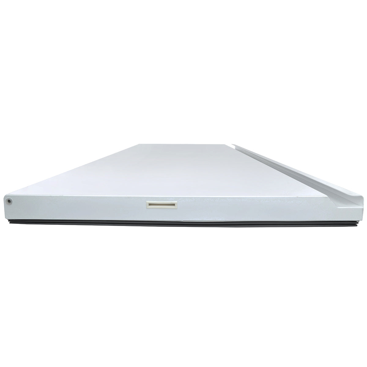 A front view of a flat, rectangular, white object with a thin profile and rounded edges, likely an Empura Parts Door Right. It features a grooved detail along the right side and a small rectangular port centered on the near edge. The background is plain white.
