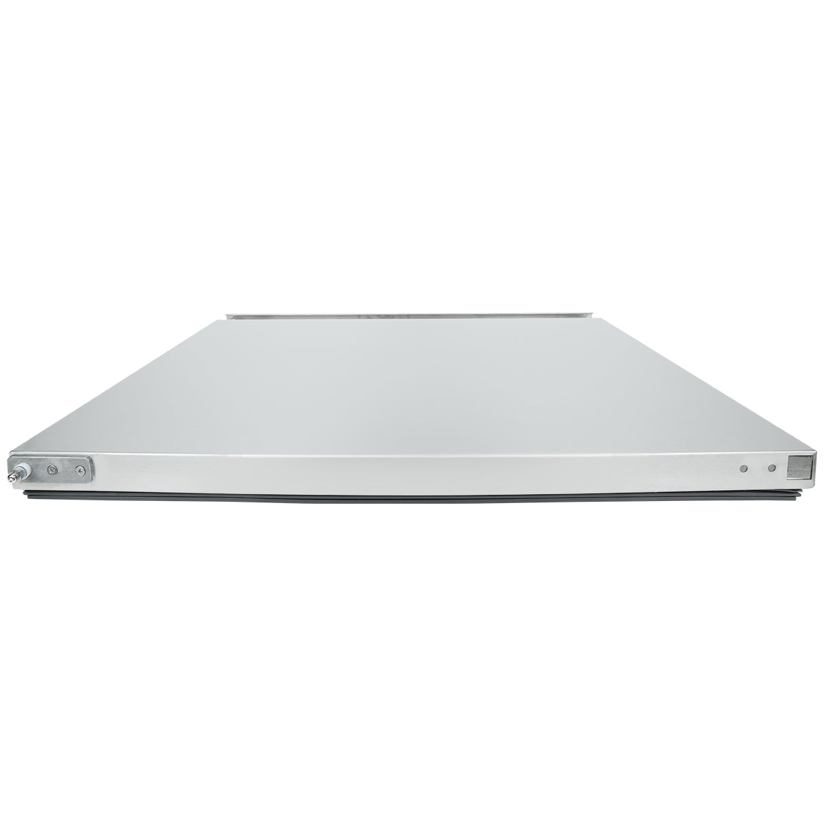 A flat, rectangular, metallic object with a smooth surface viewed from the front at a low angle. This silver panel resembles an Empura Refrigeration part, featuring small controls or connectors on its front corners and a thin profile.