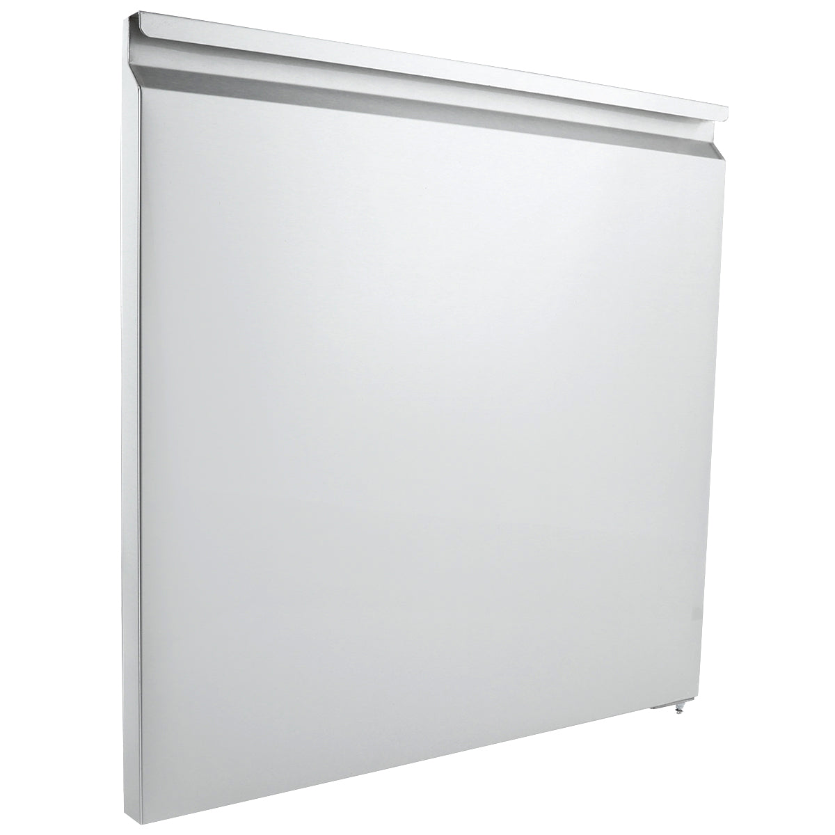 A white, rectangular flat panel radiator is shown against a plain background. The sleek, modern design features a smooth front surface, a slightly angled top ledge, and a small valve at the bottom right corner, similar to Empura Refrigeration units.