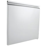 A white, rectangular flat panel radiator is shown against a plain background. The sleek, modern design features a smooth front surface, a slightly angled top ledge, and a small valve at the bottom right corner, similar to Empura Refrigeration units.