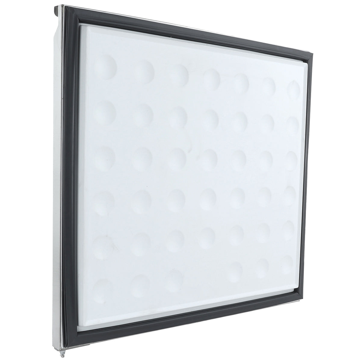 A square, white air filter panel with a black border, stands upright at an angle. Designed for Empura Refrigeration, the filter surface has a grid of evenly spaced circular dimples and is edged with a dark rubber-like gasket for sealing.