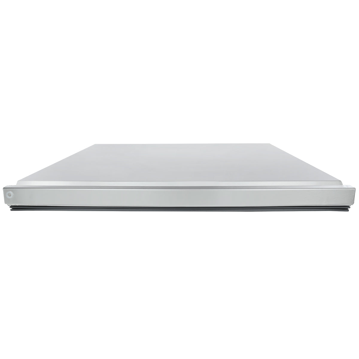 A front-facing view of a closed, silver-colored laptop placed on a white surface, showing only the thin front edge and lid—its minimalistic, modern design resembling the sleek style of Empura Refrigeration products.